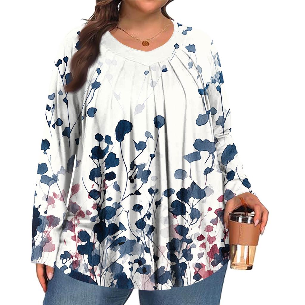 Dámská móda plus size Tištěný ležérní plisovaný top s kulatým výstřihem a dlouhým rukávem