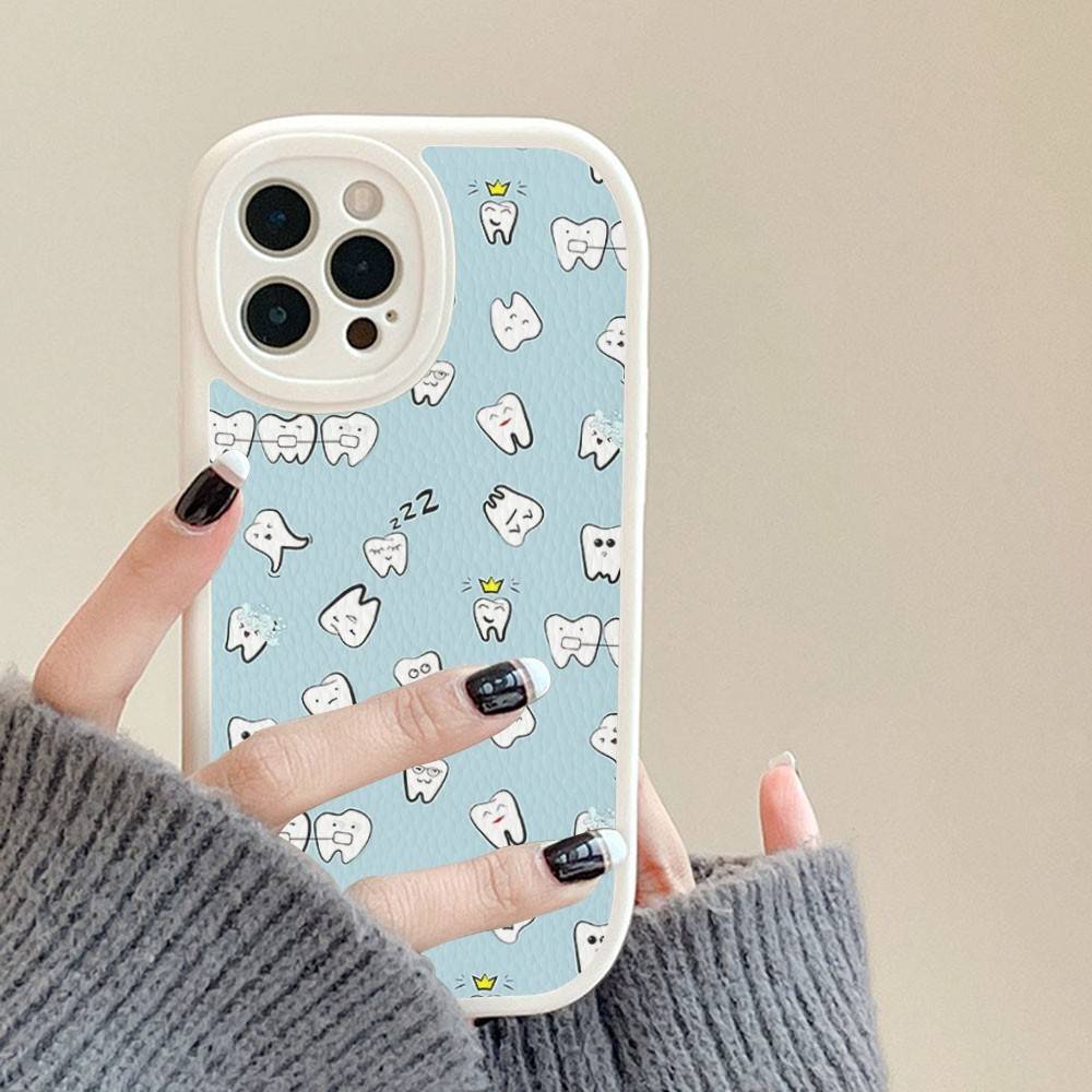 Dentist Tooth Pattern Phone Case For IPhone 16 15 14 13 12 11 Pro Max Plus Soft Leather Cover