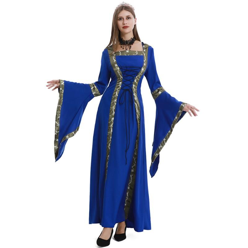 Medieval Gothic Hooded Dress With Square Neck Tie Front Flared Sleeve Full Skirt Costume Halloween Stage Performance