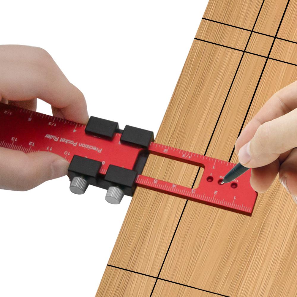 Woodworking Precision Pocket Ruler Aluminum Slide Ruler Inch and Metric T-Scribe Ruler Square Layout Tool with Slide Stop