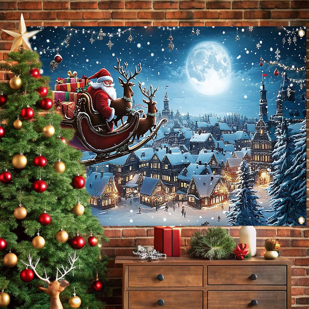 Bannière plate 2D 1 pièce Thème de Noël Ciel nocturne bleu Motif Père Noël Décoration murale pour la fête d'hiver du Nouvel An