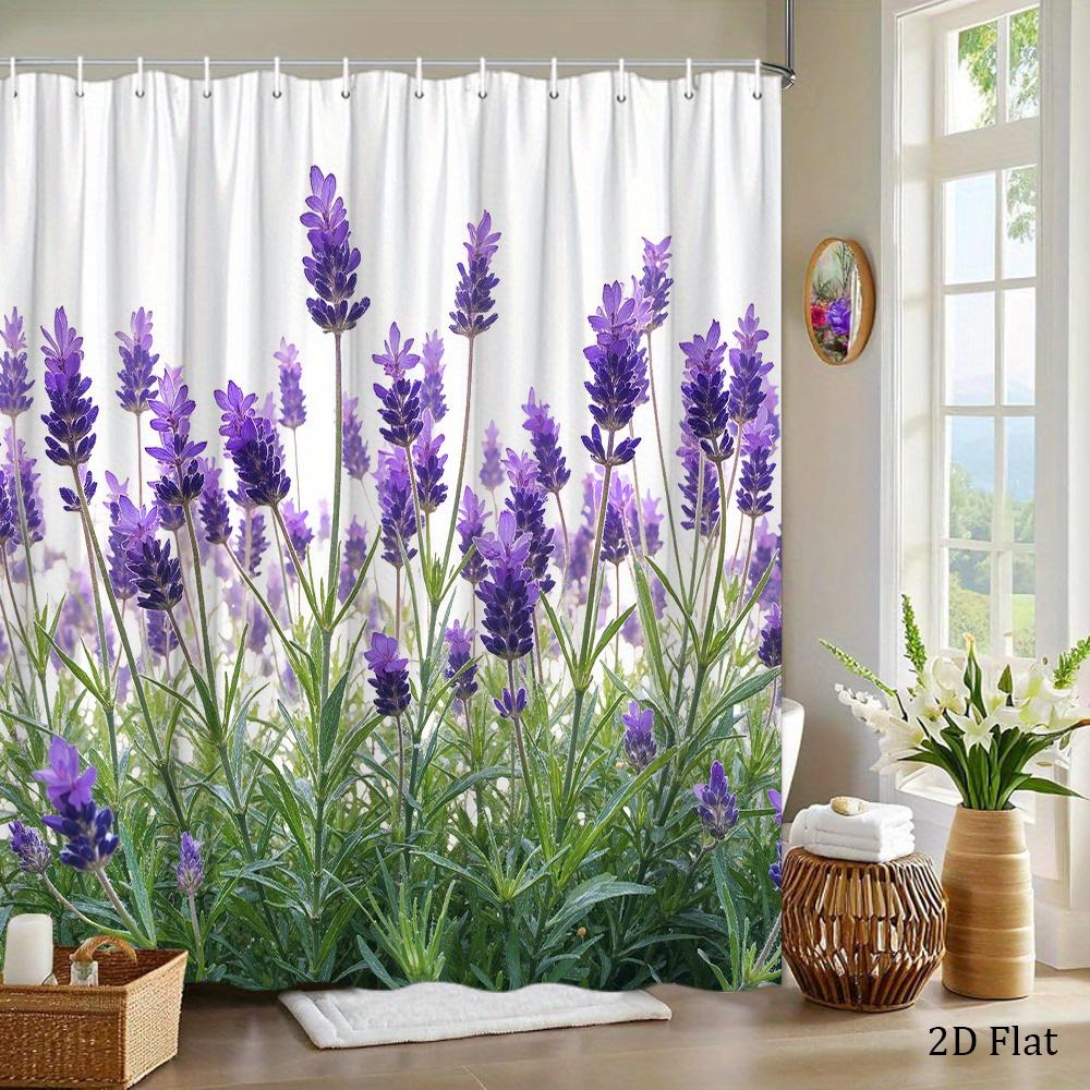 Lavender Field Shower Curtain Purple Flowers And Green Leaves Print Polyester Bath Curtain With 12 Hooks For Calming Decor