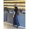 Women's Vintage Aesthetic Blue Lightweight Sheer Checkered Long Skirt Flared Hem Summer Slim Fit Plaid Dress