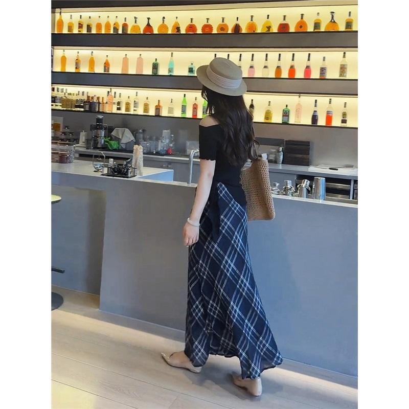 Women's Vintage Aesthetic Blue Lightweight Sheer Checkered Long Skirt Flared Hem Summer Slim Fit Plaid Dress
