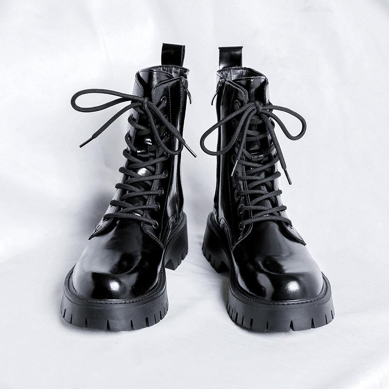 2026 New Patent Leather Martin Boots Men's Autumn and Winter Zipper Short Boots Glossy Lace-up Formal High-top Men's Shoes 2159-F