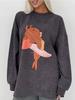 Vintage Print Washed Black Loose-Fit Cotton Long-Sleeve T-Shirt for Women