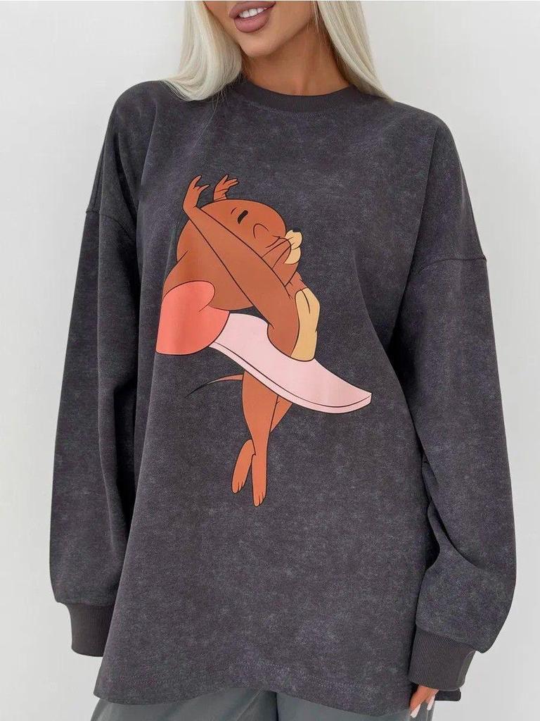 Vintage Print Washed Black Loose-Fit Cotton Long-Sleeve T-Shirt for Women