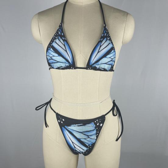 2 Pcs/Set Sexy Lady Beach Bikini Set Butterflies Print Bathing G-string Summer Vacation Swimwear Set
