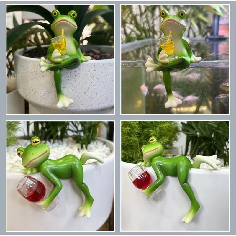Funny Drinking Frog Statue, Sherum Resin Hanging Pot Hugger Sculpture for Garden, Whimsical Outdoor Vianys Frog Figurine Plant Pot Ornament