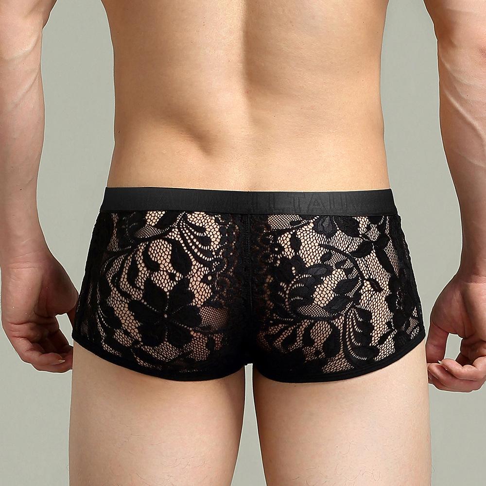 Men's Sexy Low-rise Boxer Briefs Solid Color Lace Spliced Underwear Thin Breathable Body-hugging Boxer Shorts