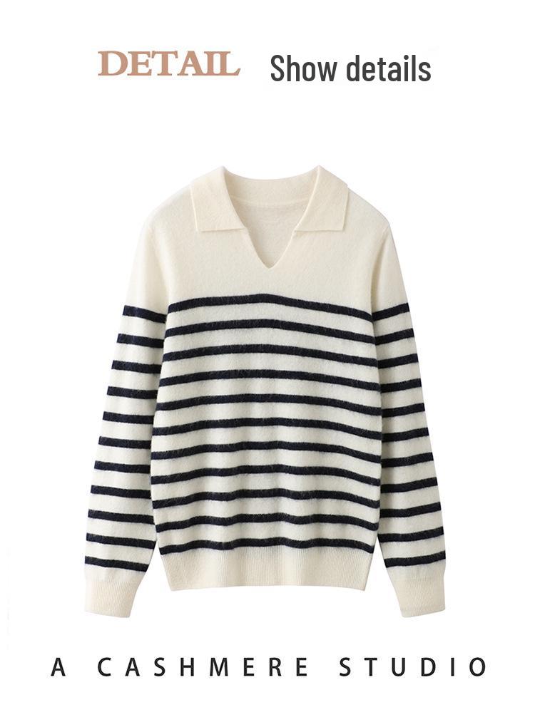 Women's Cashmere Knit Long Sleeve POLO Collar Top, Striped, Fashionable, Versatile, Soft, and Skin-Friendly