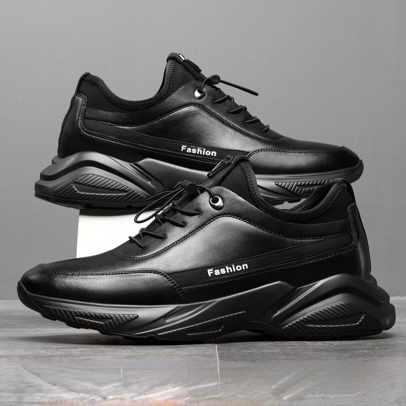 Herren 8cm Innenhöhenerhöhende Schuhe Schwarz Lässige Sportschuhe Leder Elastisch Herren Unsichtbare Erhöhungsschuhe Freizeitsneaker