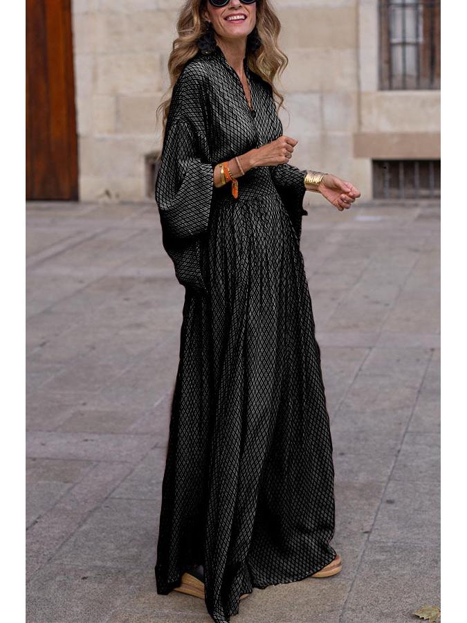 2026 Women's Spring/Summer V-Neck Long Sleeve Loose Dress with Cinched Waist and Wide Hem