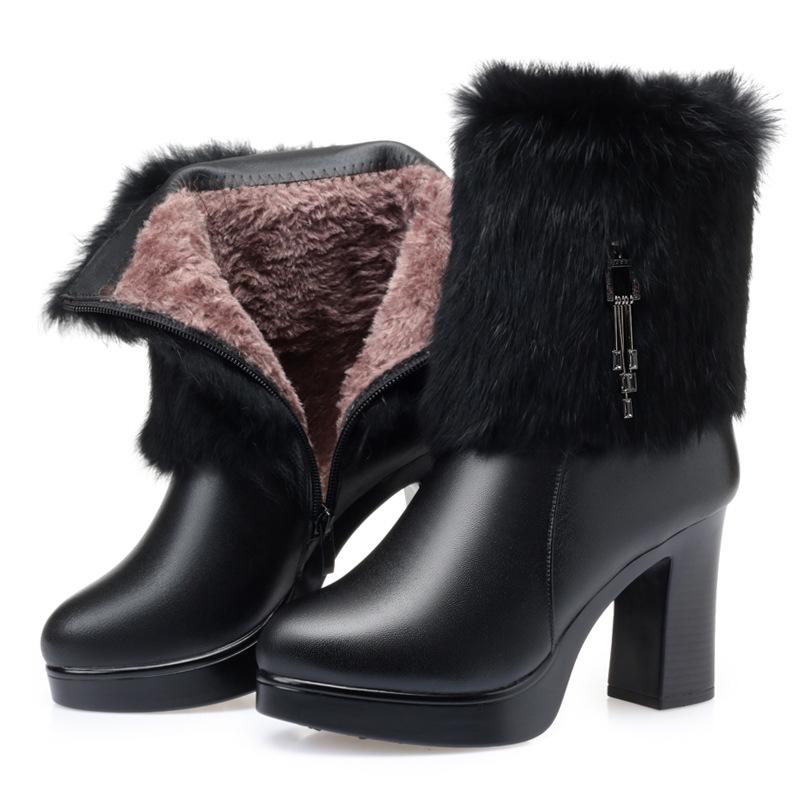 Winter leather women's boots high-heeled model catwalk boots rabbit fur mouth women's cotton boots thick heel cowhide short boots women's wool