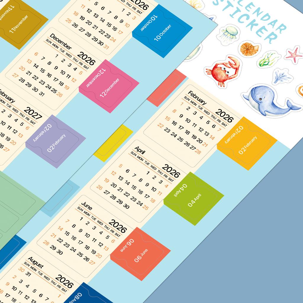 MINKYS 2026 12 Month Candy Color 2pcs/Pack Calendar Sticker Set Decorative Calendar Mark Lable Stationery Supplies