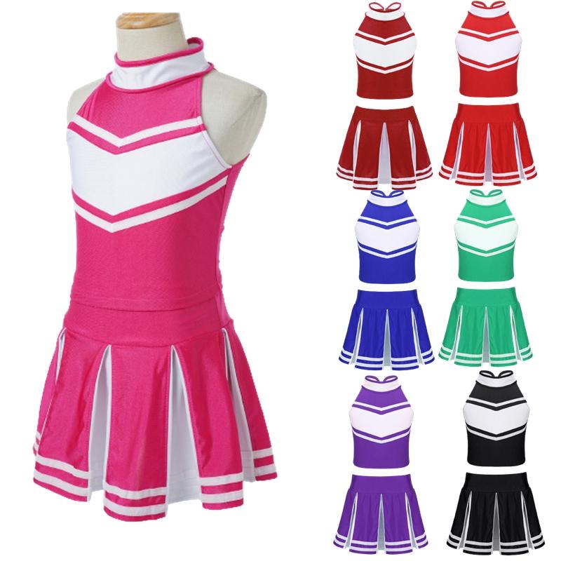 Kids Cheerleading Outfit 2Pcs Girls Dance Cheerleading Stage Performance Costumes Sleeveless Tops with Skirt
