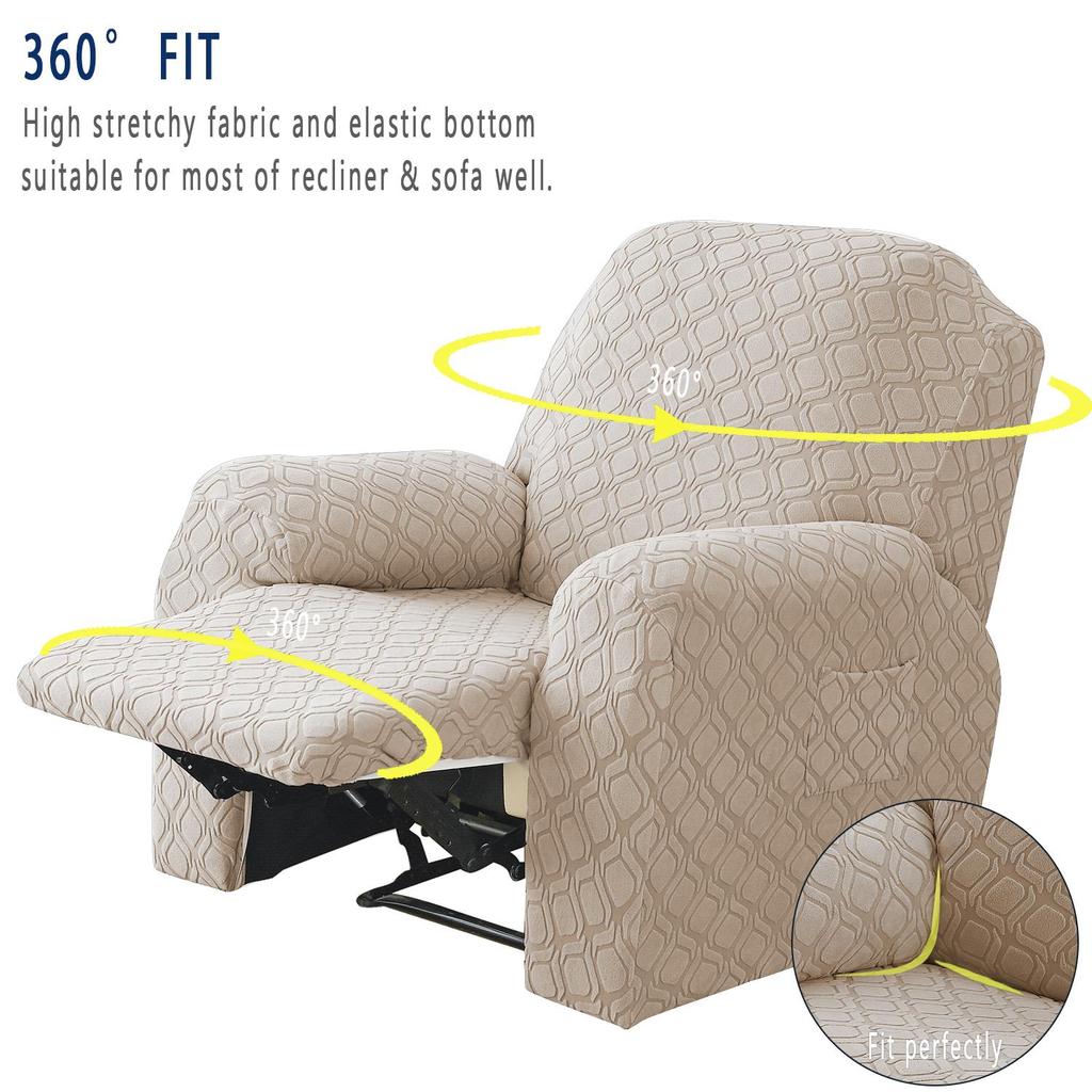 4-teiliger Stretch-Liegesessel-Überzug Jacquard-Liegesesselbezüge mit Seitentasche Rutschfest 1-Sitzer Sofa Möbelprotektoren