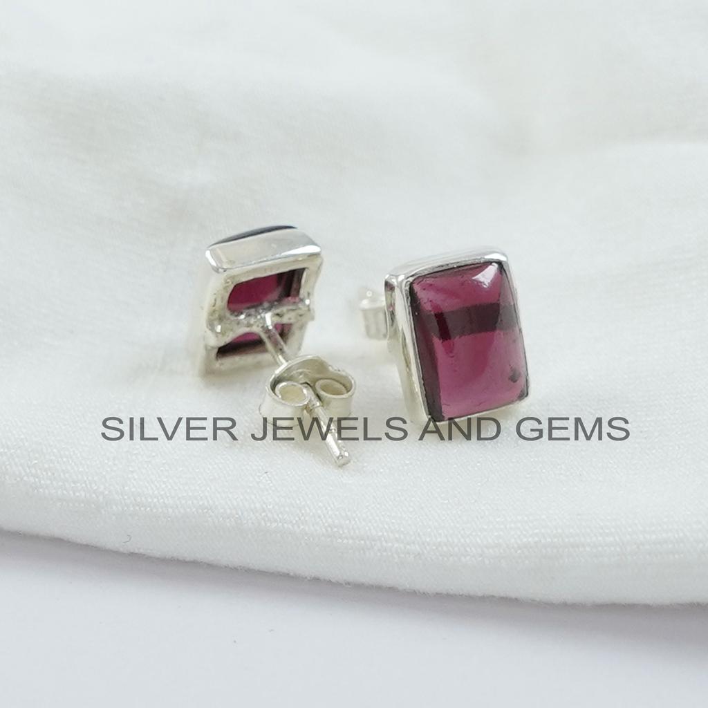Handmade Rectangle Garnet Stud Earrings: 925 Sterling Silver