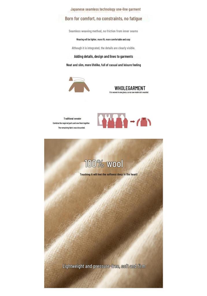 Women's 100% Wool Slimming Cashmere Knit Sweater - Half High Neck, Seamless, Hollow Out Design for Autumn/Winter