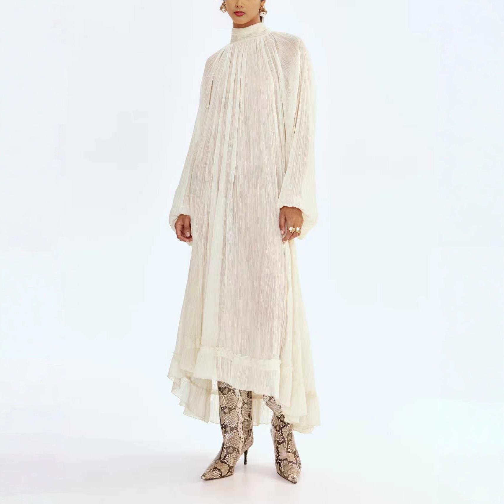 Women s Solid Color Ruffled Stand Collar Lace-up Long Sleeve Dress Large абрикосовый