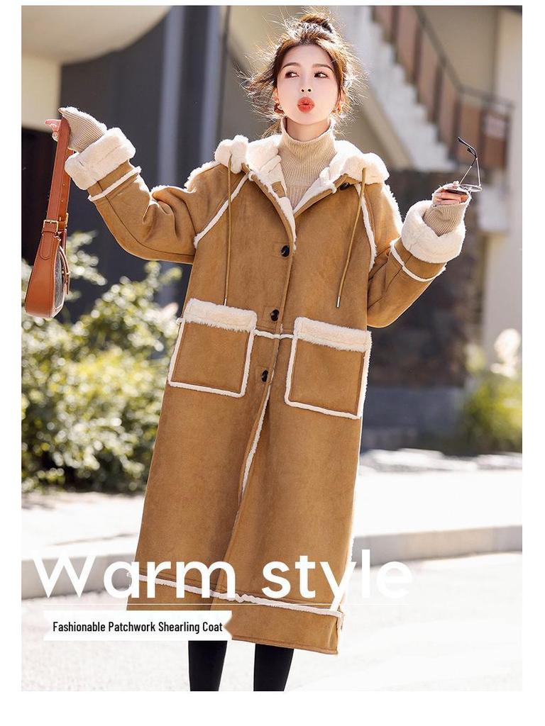 Women's Luxury Suede Lambswool Hooded Coat - Winter 2024 Thickened Cotton Jacket