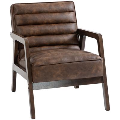 Sillón de Sala de Estar, sillón de acento tapizado en PU con asiento ancho, cojín grueso y estructura de madera maciza, marrón