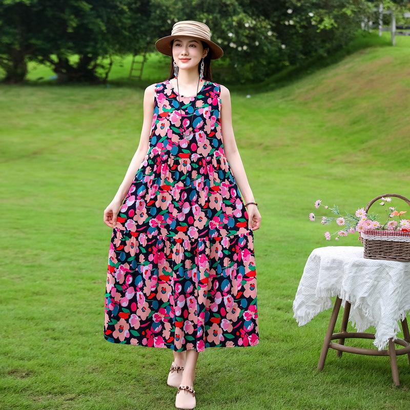 Summer  Women Plus Size Boho Dress Long Maxi Sundress Party Dress Elegant Vestidos Print O-neck High Waist Sleeveless