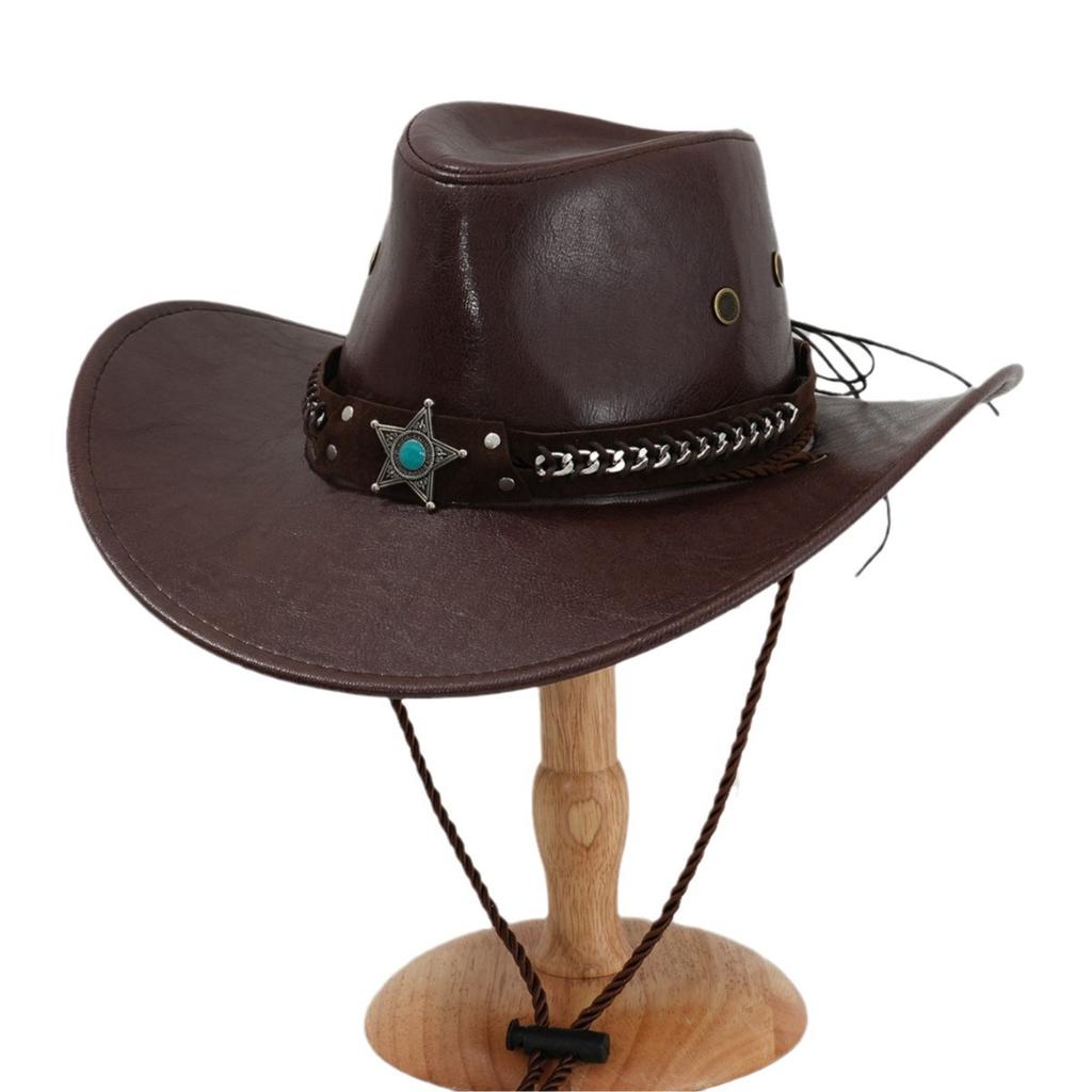 Popular Men's and Women's PU Leather Top Hat, Metal Silver Chain Buckle Star Gem Rhinestone, Houston Rodeo