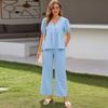 Women's 2 Piece Outfits Sets Ruched Short Sleeve Tops  Wide Leg Pants Tracksuit Sets