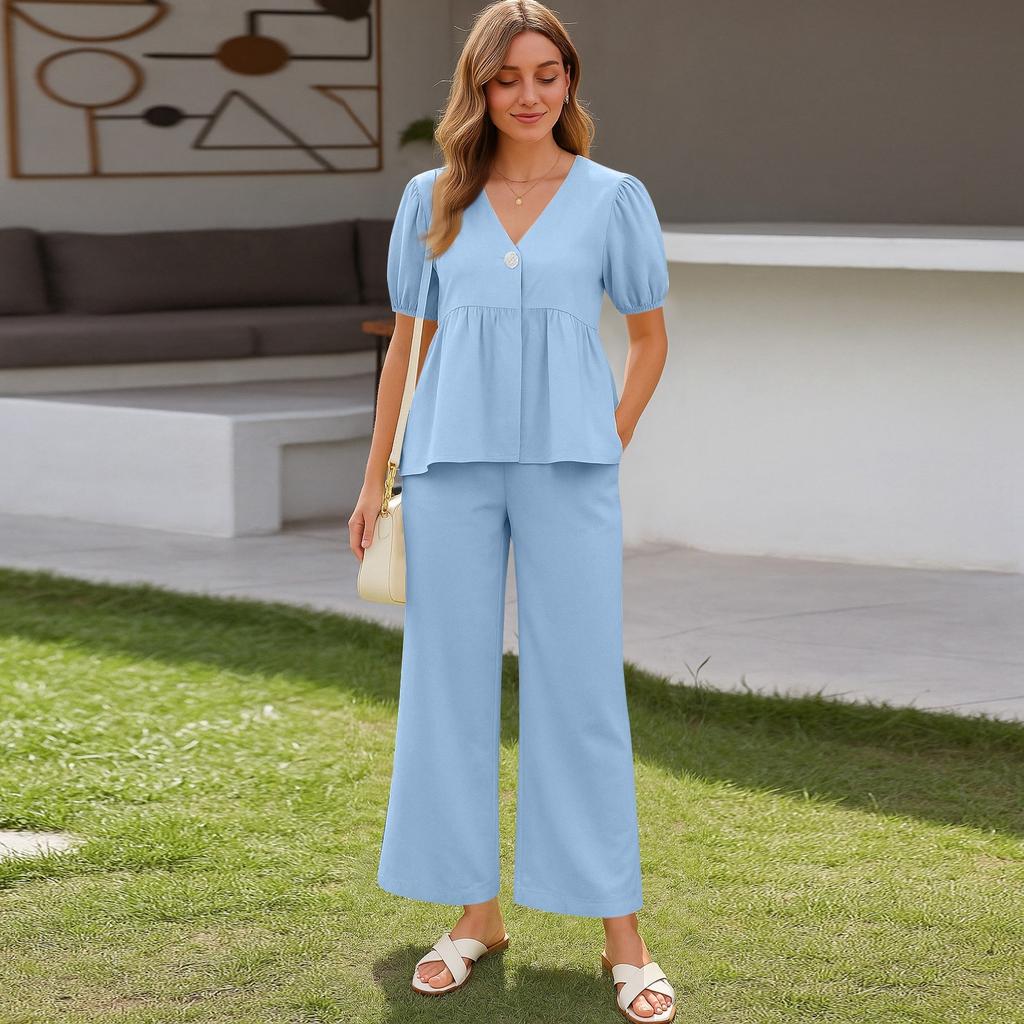 Women's 2 Piece Outfits Sets Ruched Short Sleeve Tops  Wide Leg Pants Tracksuit Sets