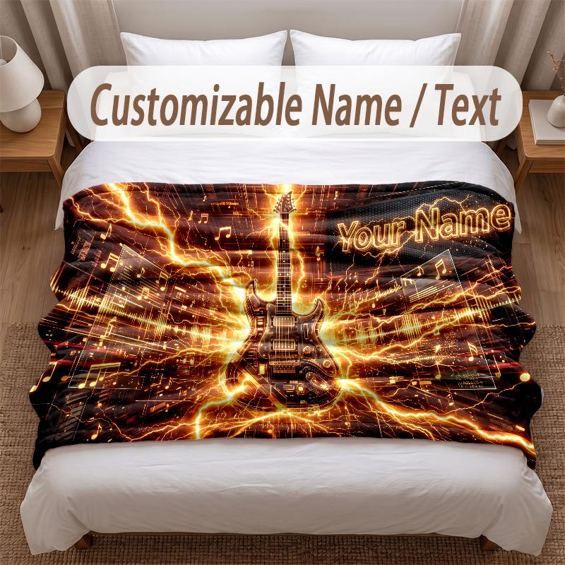 Music Guitar Theme Soft Blanket Personalized Custom Name Text Print Warm Blanket Home Sofa Bedroom Decor