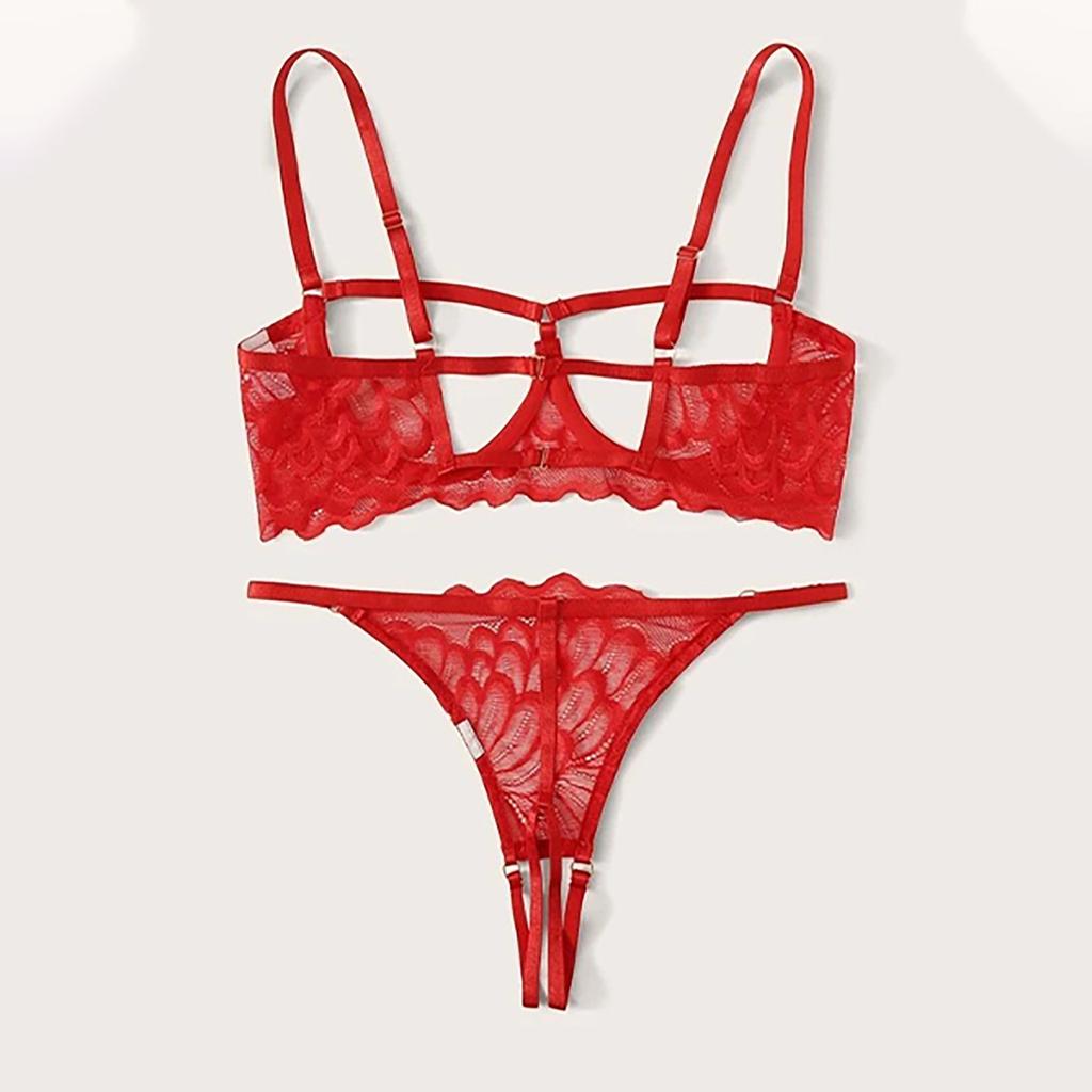 Women's Sexy Solid Color Leakage Lace Bra See-Through Underwear Split Set