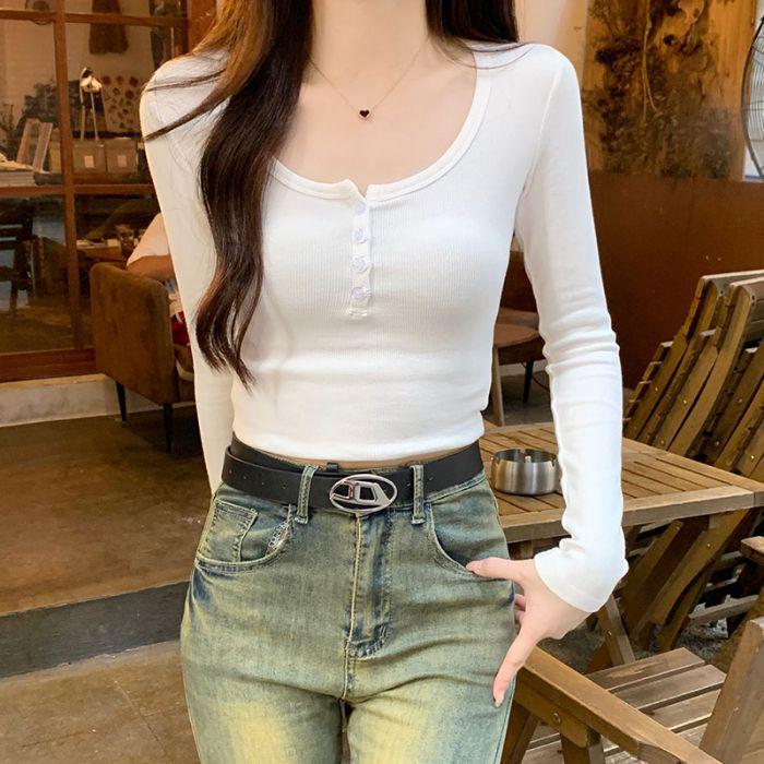 Women's U-Neck Long-Sleeve Shirt: Grey, Simple & Versatile - Perfect Autumn 2025 Base Layer