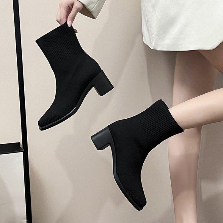 

Socks boots women s thick heel short boots 2025 autumn and winter new British style thick heel high heel Martin boots medium tube knitted boots foreig 35