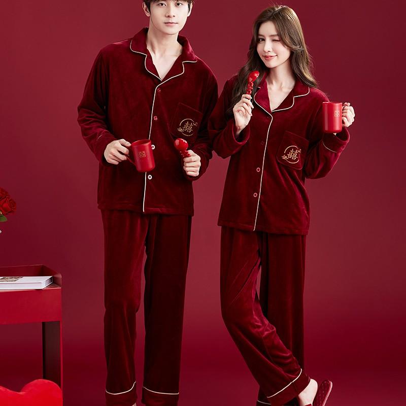 Luxury Red Island Velvet Couple Pajamas - Thick, Warm Coral Fleece Set for Autumn/Winter Weddings and Anniversaries