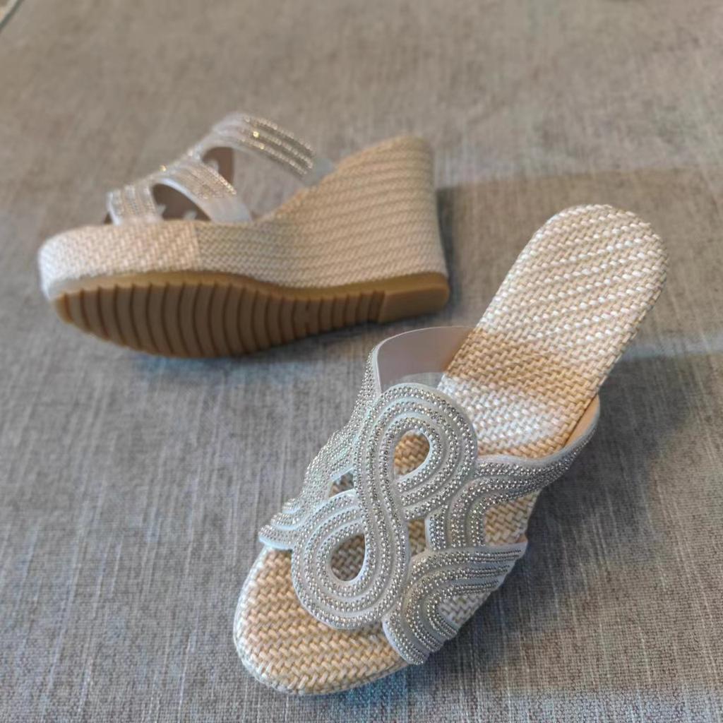 Zapatos Casuales de Verano 2026 Boca de Pez Suela Gruesa Pendiente Con Chanclas Femeninas Retro Pedrería Calado Para Usar Afuera Sandalias Chanclas Talla Grande