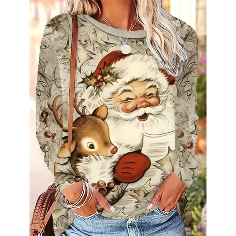 Christmas-Themed Printed Long-Sleeve Top for Women, Featuring a Stylish Casual Design