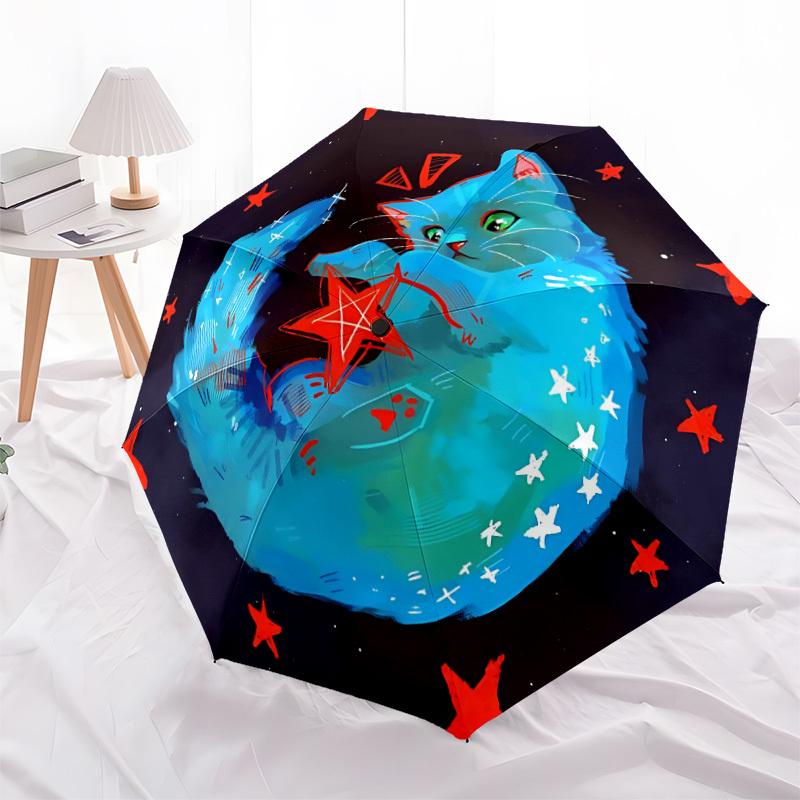 1pc Cosmic Cat Automatic Open/Close Exquisite Umbrella Sturdy Iron Frame, Compact Travel Umbrella, Intricate Design Umbrella a0829083