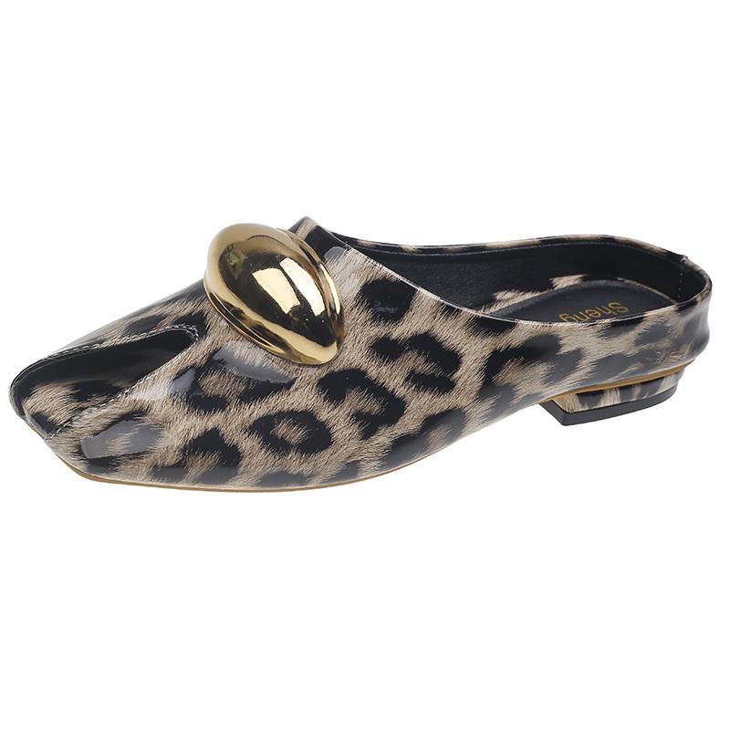 Fashion French Leopard Print Metal Buckle Square Toe Shallow Mouth Baotou Half Slippers Women's Spring and Summer New Slip-on Flats