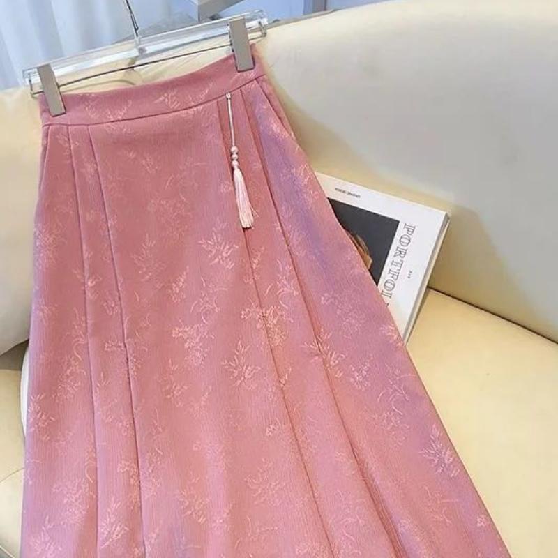 Chinese Style Jacquard Midi Skirt Women's Summer Neo-Chinese Elegant A-Line Versatile Horse Face Long Skirt
