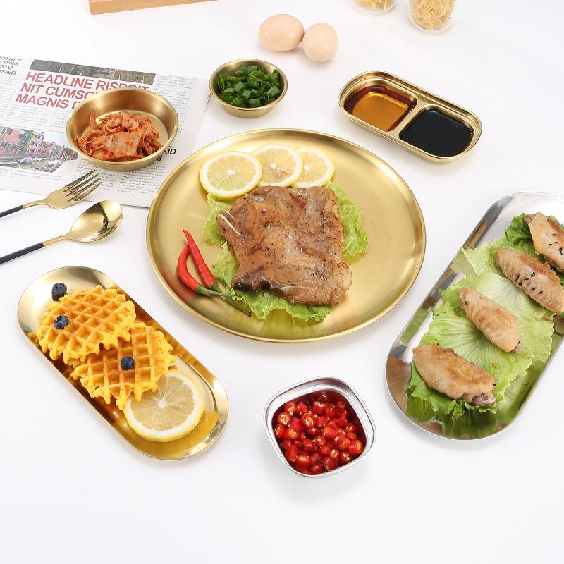 Placă rotundă pentru grătar Zibo din oțel inoxidabil coreean - Stil cafenea aurie, platou pentru friptură cu fructe/tort/os