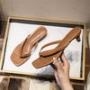 Fashion Genuine Leather Women Clip Sandals Square Toe 2025 Summer New High Heel Flip-flops Women's Outdoor Genuine Leather Slippers