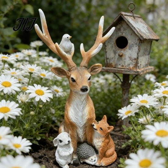 Lebensechte Harz-Wildtierstatuen Waldhirsch Kleintierstatue, Elchfigur mit Kaninchen Igel Fuchs Figuren Igel, Wasserdicht für Außenbereich