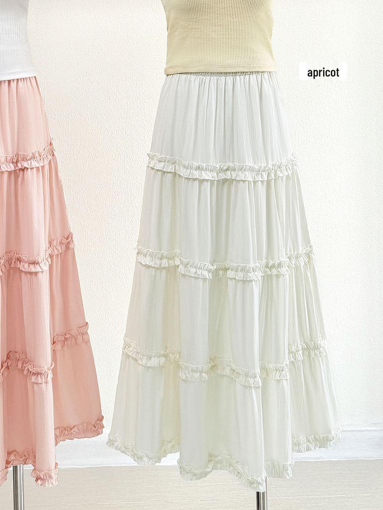 Spring 2026 Sweet Girly Vacation Cake Skirt - Summer Cream Color with Wood Ear Edge