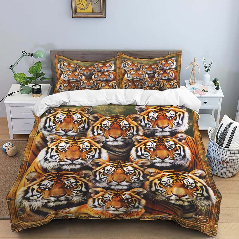 Blue Light Jungle White Tiger Animal Print Bedding Set (3-Piece) - Domineering White Tiger Pattern Duvet Cover and Pillowcase Se