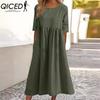 QICED Women's Fashion Summer Spring Solid Color Print Short Sleeve O-Neck High Waist Casual Dresses
