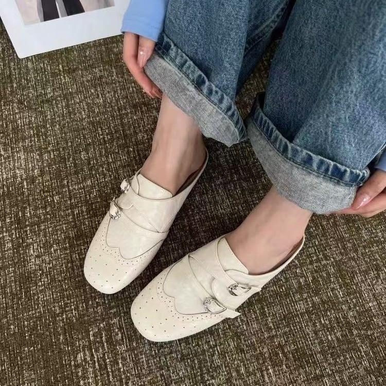 [Excluding Tax] Platform Half Slippers Retro Carved Square Head Loafers Women'S Shoes New British Style Bag Head Slippers