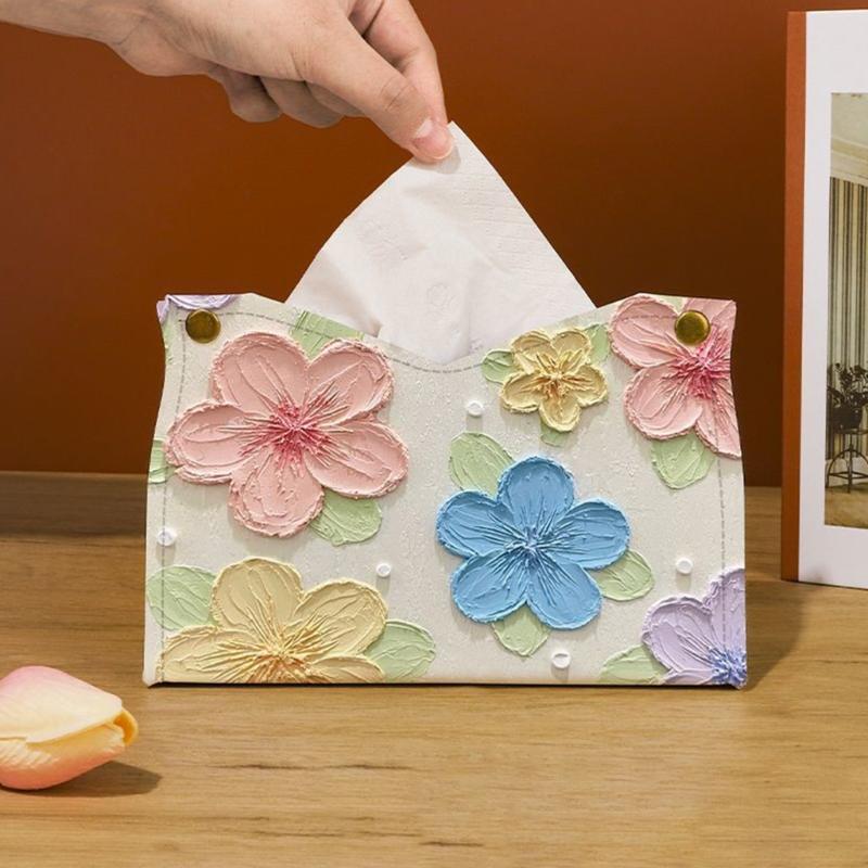 Artistic Colorful Flower Pattern Leather Tissue Holder Portable Napkin Dispenser Perfect For Home And Office Use