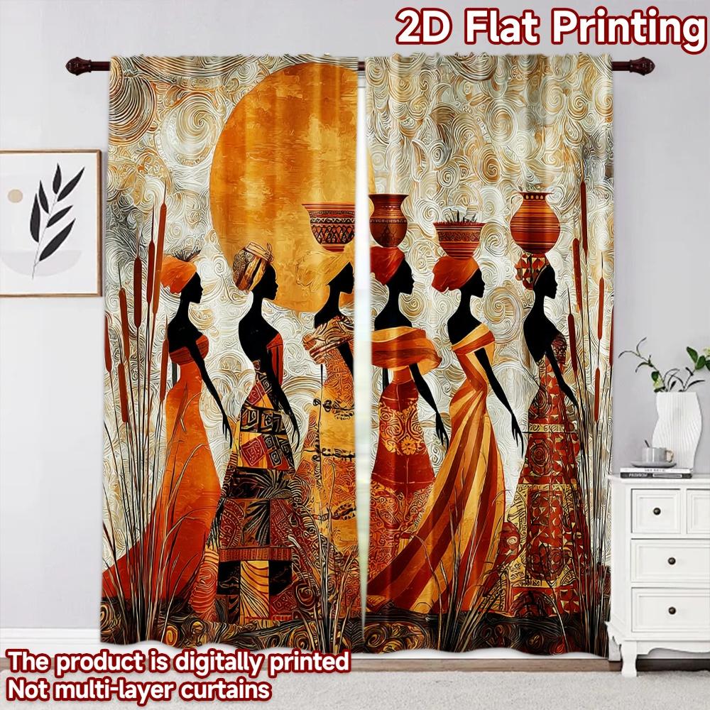 2D flat printing 2pcs Curtain Curtains African Women Carrying Pots Digital Printed Polyester Drapes Family Party for Holiday
