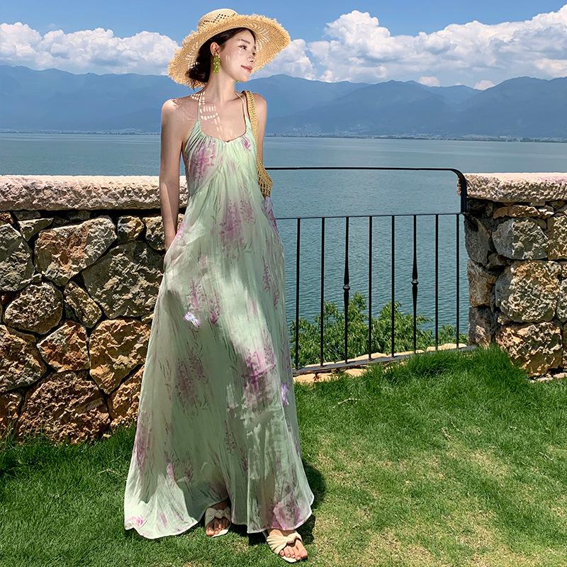 

French Gentle Backless Vacation Summer Three-dimensional Flower Green Purple Smudged Suspender Dress Women s Seaside Dress L